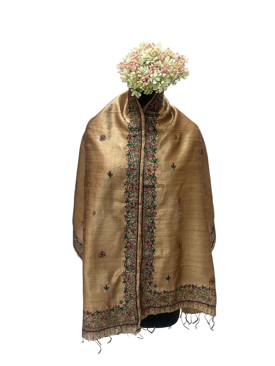 Dupion Silk Stole in Brown with Hand Embroidery (AARI WORK) and Madhubani